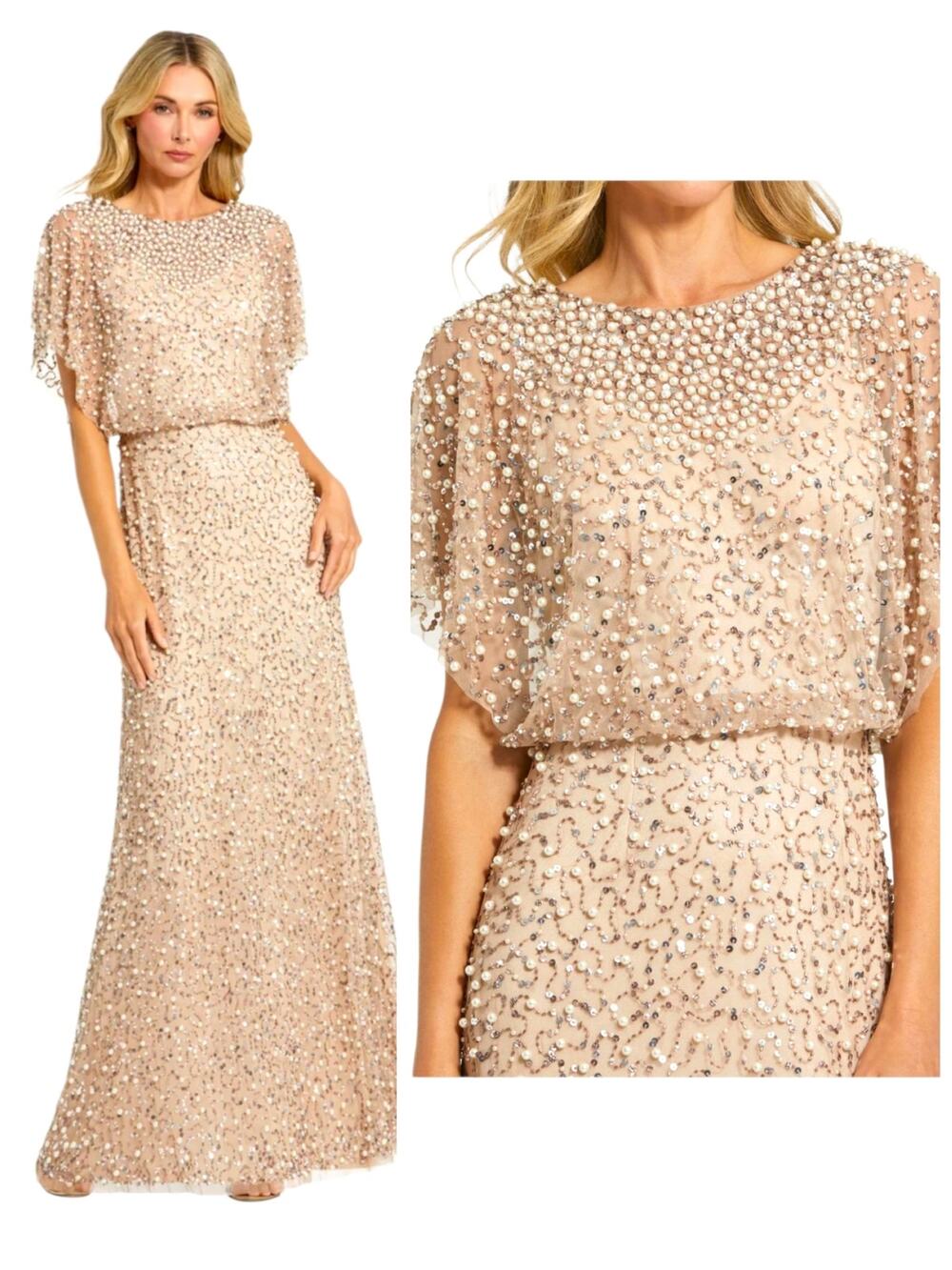 Mac Duggal 14523 Pearl Beaded Sequin Formal Gown Gold Nude Evening Maxi Dress 10